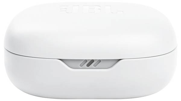 Eine weiße, ovale drahtlose Ohrhörer-Ladehülle mit dem Markennamen, der auf der Oberseite eingeprägt ist, und einer Frontöffnung für die Ohrhörer.