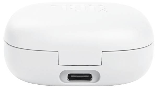 Weiße Ohrhörer-Ladehülle mit einem USB-C-Anschluss an der Vorderseite.