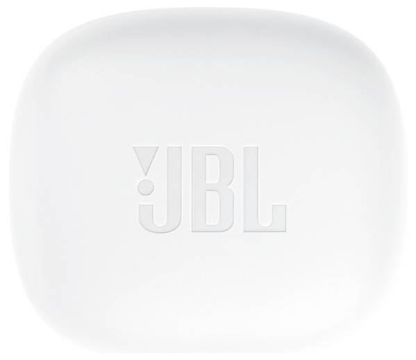 Weiße rechteckige Ohrhörertasche mit eingeprägtem 'JBL' Logo auf der Oberseite.