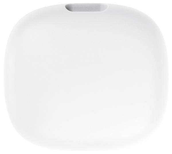 Ein weißes, quadratisches elektronisches Gerät mit abgerundeten Kanten und einer kleinen Öffnung an der Oberseite.