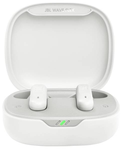 JBL Wave Flex Wireless-Kopfhörer in einem weißen geöffneten Ladeetui mit LED-Anzeigen.