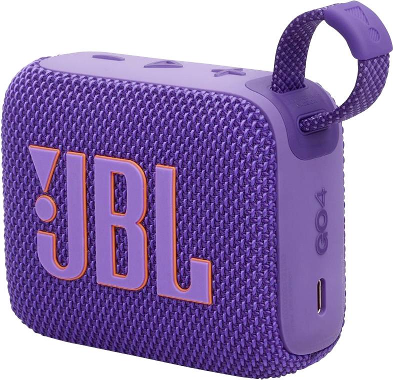 Ein lila JBL GO4 tragbarer Bluetooth-Lautsprecher mit Stoffbezug und angehängtem Trageriemen.