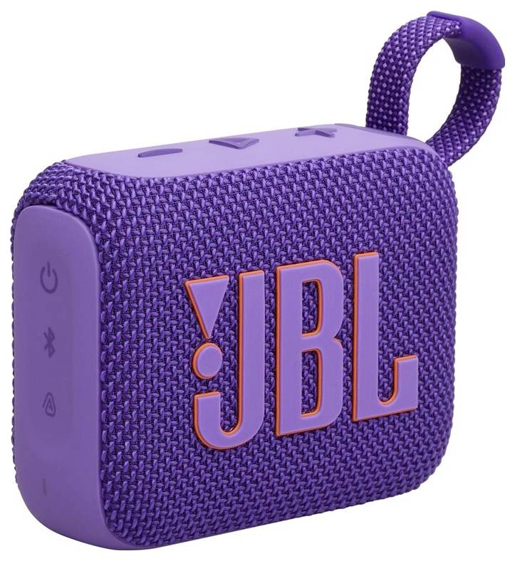 Ein kompakter lila tragbarer Lautsprecher mit einer Schlaufe zum Tragen, auf dessen Vorderseite 'JBL' in orangefarbenen Buchstaben zu sehen ist.