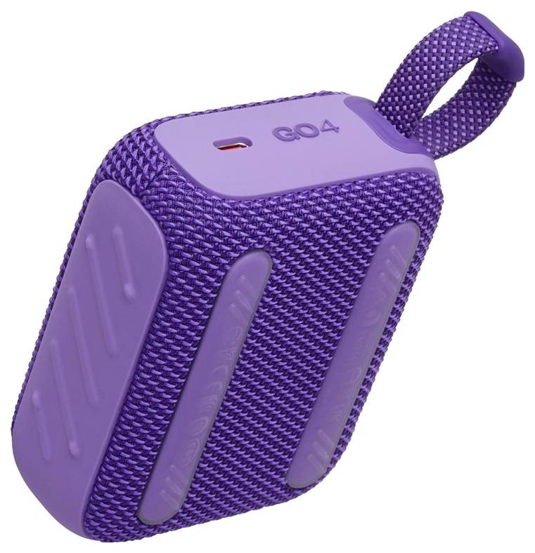 Ein lila, tragbarer Bluetooth-Lautsprecher mit einem Außenmantel aus Textilgewebe, Gummigriffen und einer Schlaufenhalterung, mit der Bezeichnung ‚G04'.