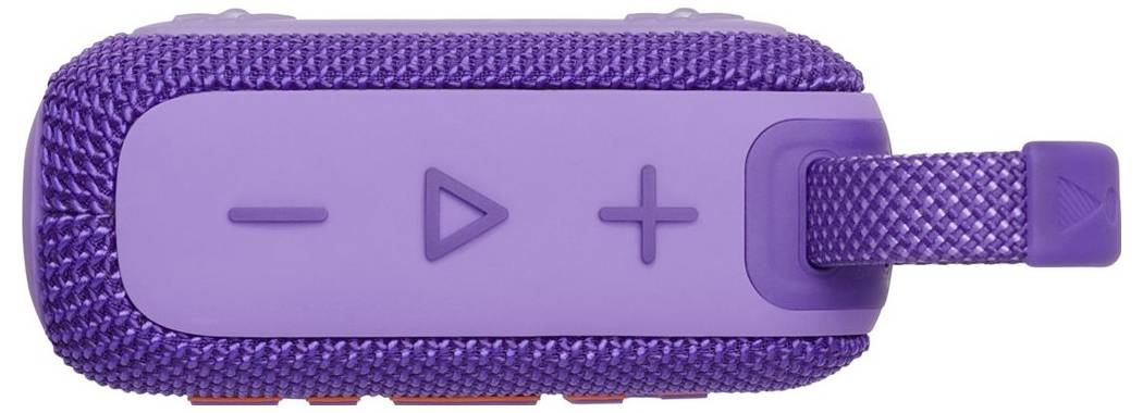 Eine seitliche Ansicht eines lila Bluetooth-Lautsprechers mit Lautstärkereglertasten, Play-Taste und einer strukturierten Schlaufe zum Tragen.