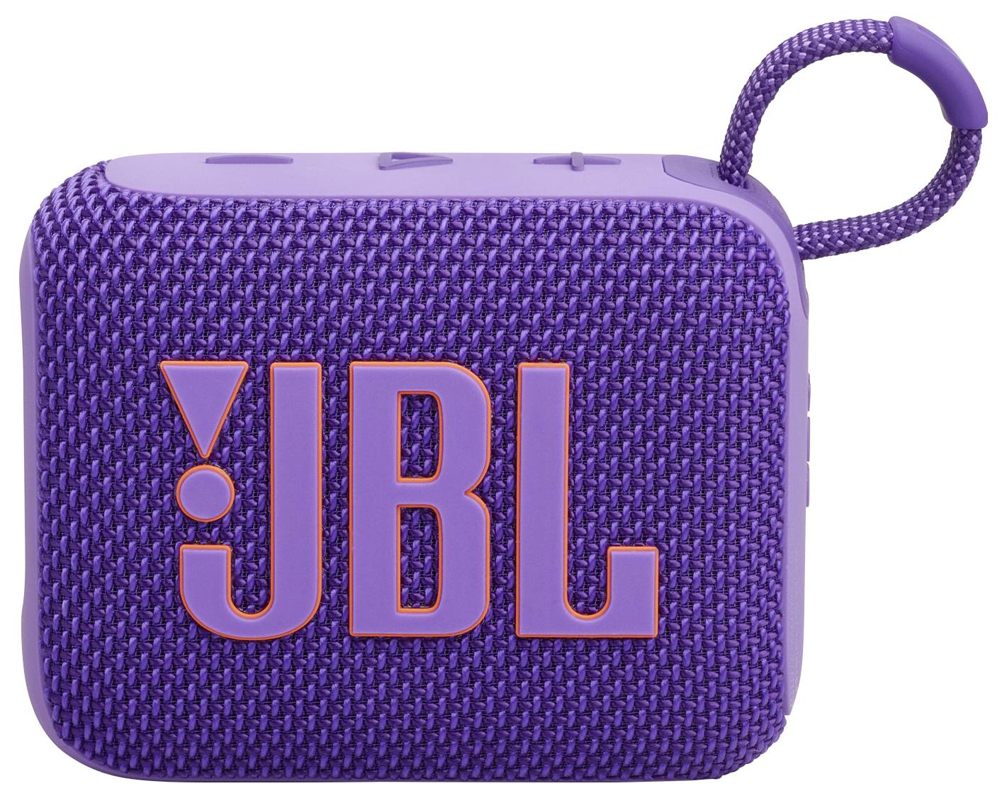 Ein kleiner, lila tragbarer Bluetooth-Lautsprecher mit einer strukturierten Oberfläche, der das große „JBL