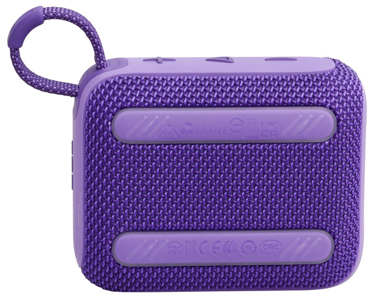 Ein lila tragbarer Lautsprecher mit gewebter Textur und einer Tragschlaufe an einer Ecke, ausgestattet mit Bedienungstasten auf der Oberfläche.