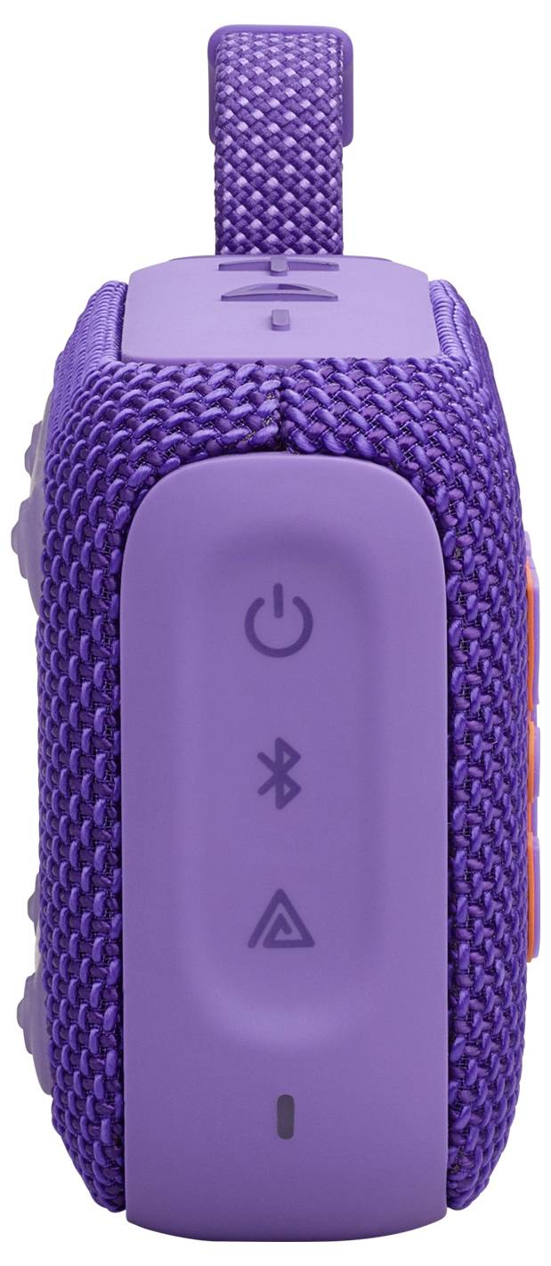 Lila tragbarer Lautsprecher mit Bedienungstasten für Ein/Aus, Bluetooth und andere Funktionen an der Seite, umwickelt mit gewebtem Stoff.