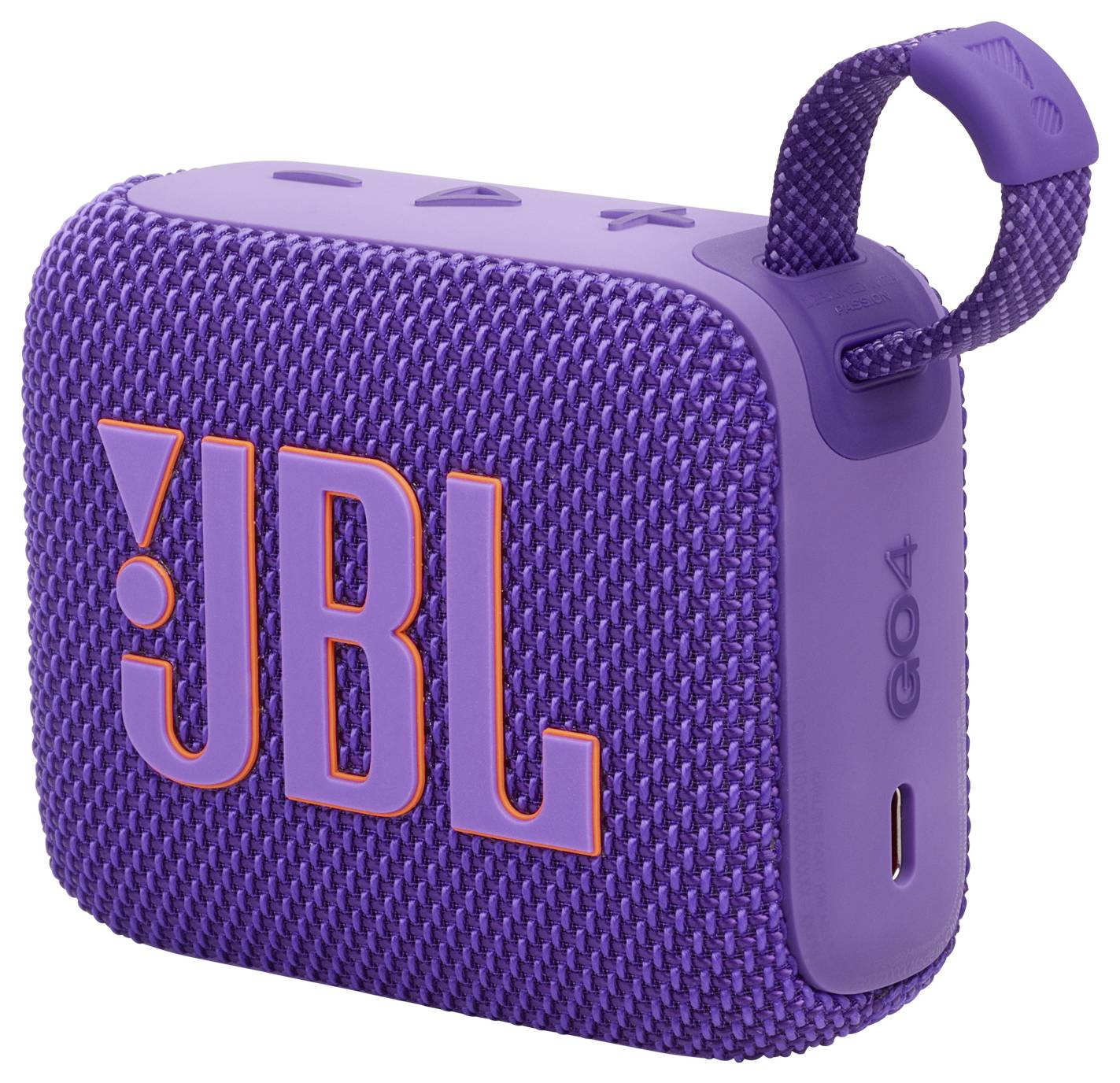 Ein tragbarer lila Lautsprecher mit Textilbezug und einem orangefarbenen 'JBL'-Logo, ausgestattet mit Lautstärke- und Steuerungstasten auf der Oberseite und einer Trageschlaufe.