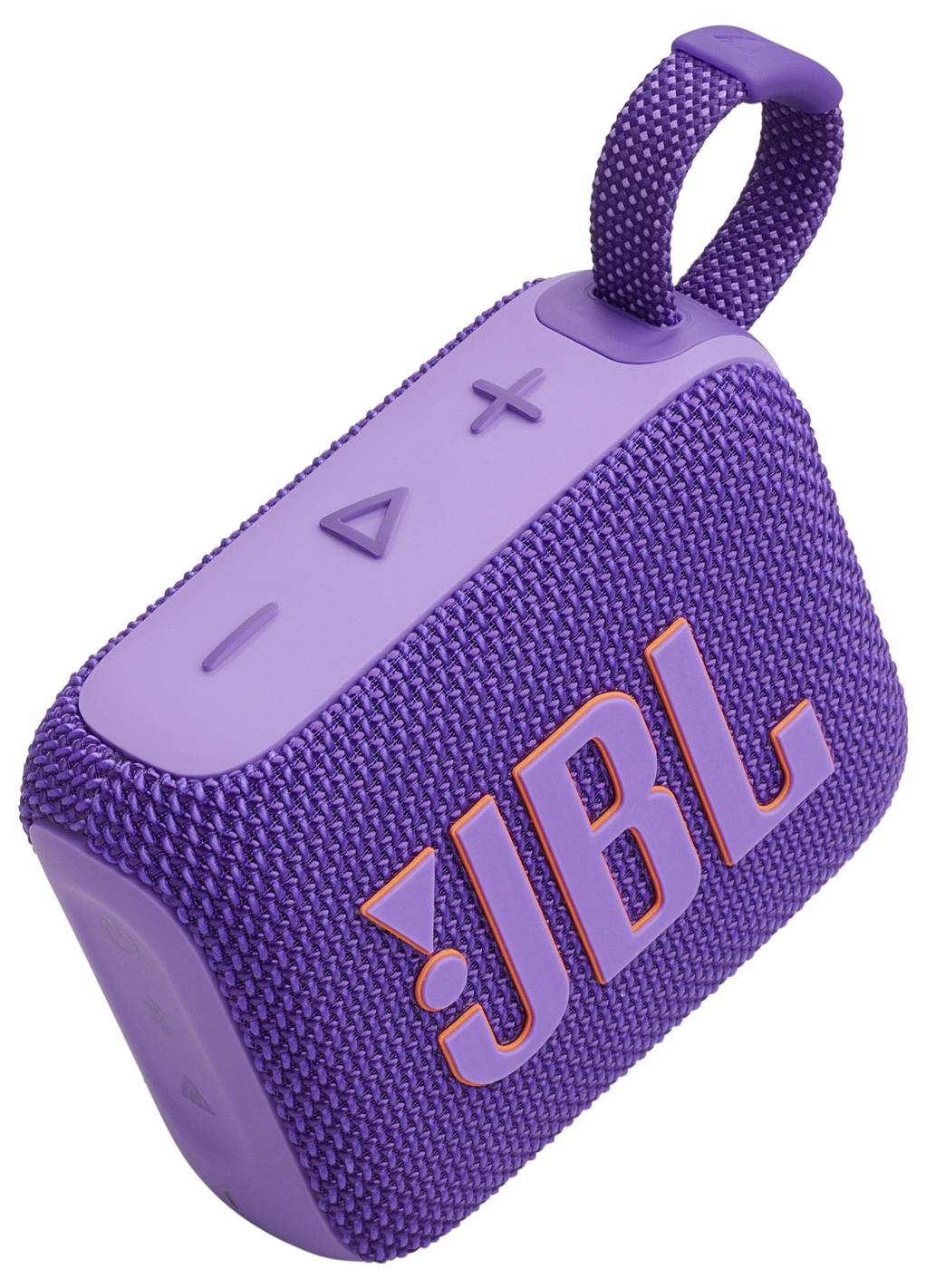 Ein lila tragbarer Bluetooth-Lautsprecher mit einer Schlaufe zum Tragen. Der Lautsprecher zeigt Bedienungstasten auf der Oberseite und ein auffälliges 'JBL' Logo an der Seite.