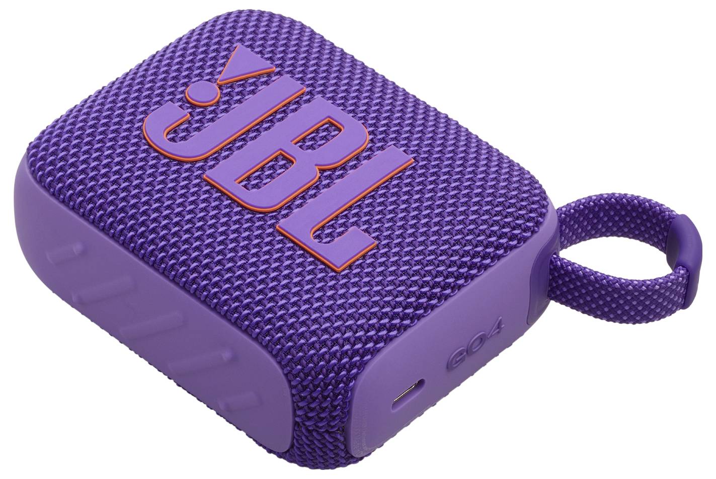 Ein lila, tragbarer JBL Bluetooth-Lautsprecher mit strukturierter Oberfläche und Schlaufe zum einfachen Transport.