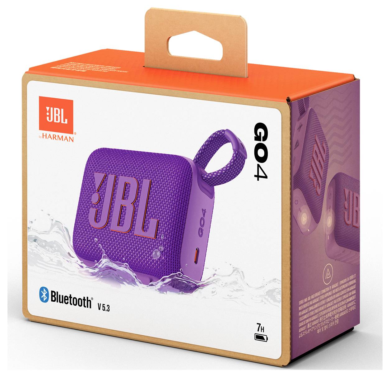 Eine farbenfrohe Verpackung eines 'JBL GO 4' Bluetooth-Lautsprechers in Lila, die seine wasserdichte Eigenschaft und 7-stündige Batterielaufzeit hervorhebt.