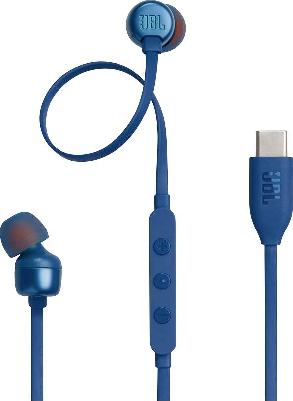 Blaue Kabelkopfhörer mit integrierter Fernbedienung am Kabel, ausgestattet mit Lautstärke- und Wiedergabetasten sowie einem USB-C-Anschluss.
