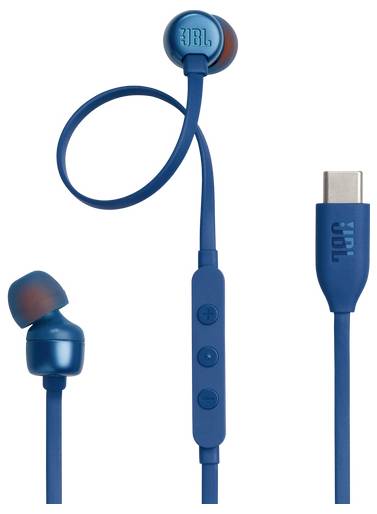 Blaue In-Ear-Kopfhörer mit Kabel und USB-C-Anschluss, Lautstärkeregelung am Kabel und Silikonohrhörern. Markenlogo auf den Ohrhörern und dem Anschluss sichtbar.