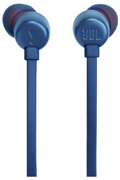 Blaue In-Ear-Kopfhörer mit flachen Kabeln und roten Akzenten, entwickelt für mobile Audiogeräte.