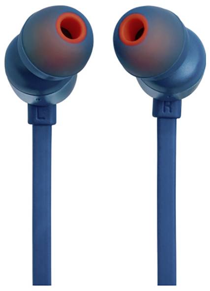 Blaue In-Ear-Kopfhörer mit roten Innenakzenten, mit 'L' und 'R' gekennzeichnet für links und rechts, mit einem flachen, verhedderungsfreien Kabel.