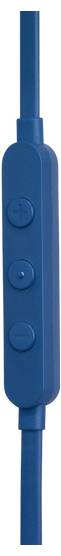 Nahaufnahme eines blauen Kopfhörer-Inlineremotes mit drei Tasten: Lautstärke erhöhen, Lautstärke verringern und Wiedergabe/Pause.