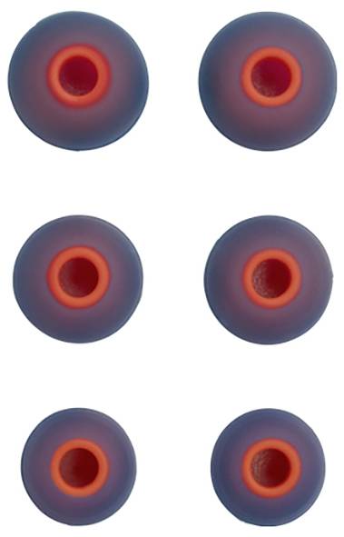 Sechs Paar runde, graue und rote Ohrhörer-Aufsätze, in zwei vertikalen Spalten angeordnet.