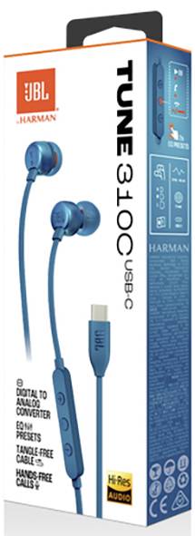Verpackung der JBL Tune 310C USB-C Kopfhörer mit integriertem DAC, 6-mm-Treibern, Drei-Tasten-Fernbedienung und Mikrofon. Funktionen auf dem Seitenpanel dargestellt.