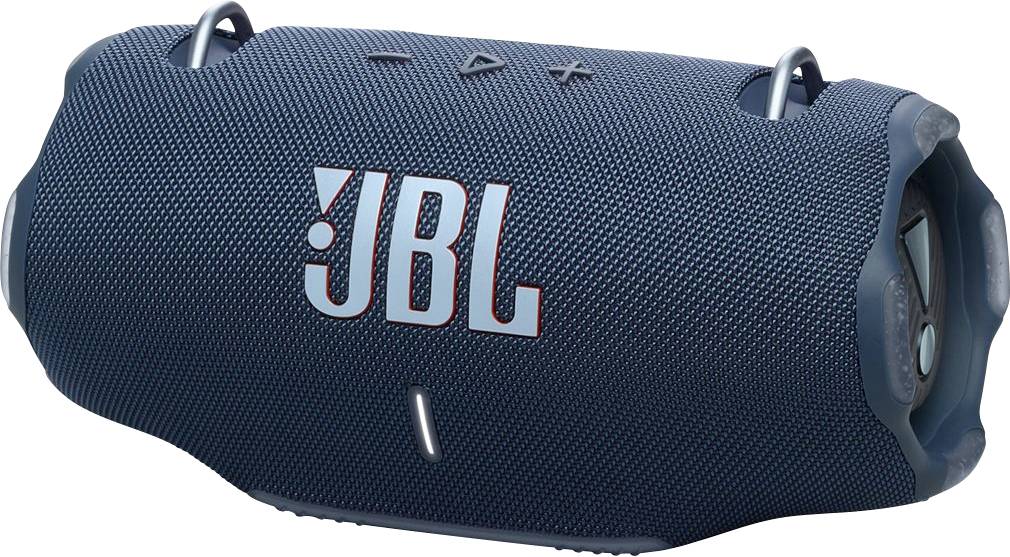 Blauer zylindrischer JBL tragbarer Bluetooth-Lautsprecher mit strukturiertem Stoffaußenmantel und Bedienungstasten auf der Oberseite.
