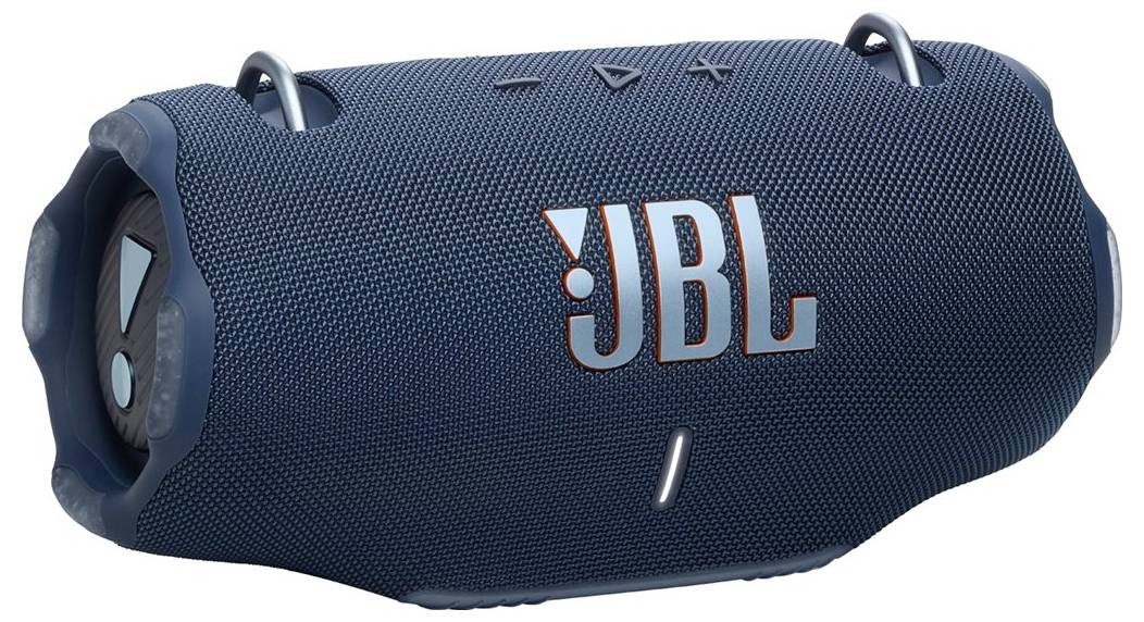 Ein blauer, tragbarer JBL-Lautsprecher mit robustem Design, versehen mit einem auffälligen Logo, Metallschlaufen zum Tragen und Bedienungstasten auf der Oberseite.