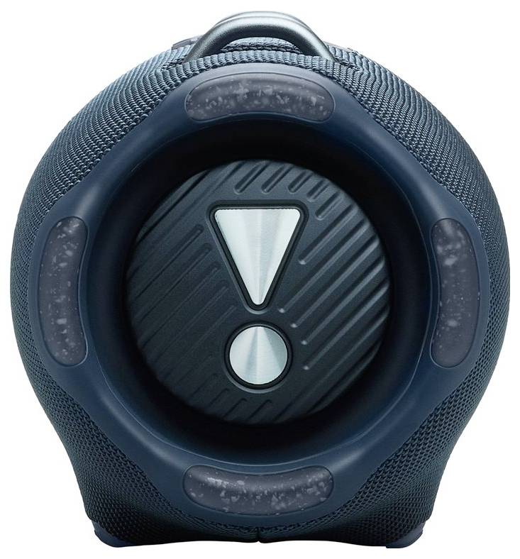 Ein zylindrischer Lautsprecher mit einer strukturierten blauen Außenfläche weist ein auffälliges Ausrufezeichensymbol auf seiner Vorderseite auf, was auf Betonung oder Warnung hinzudeuten scheint.