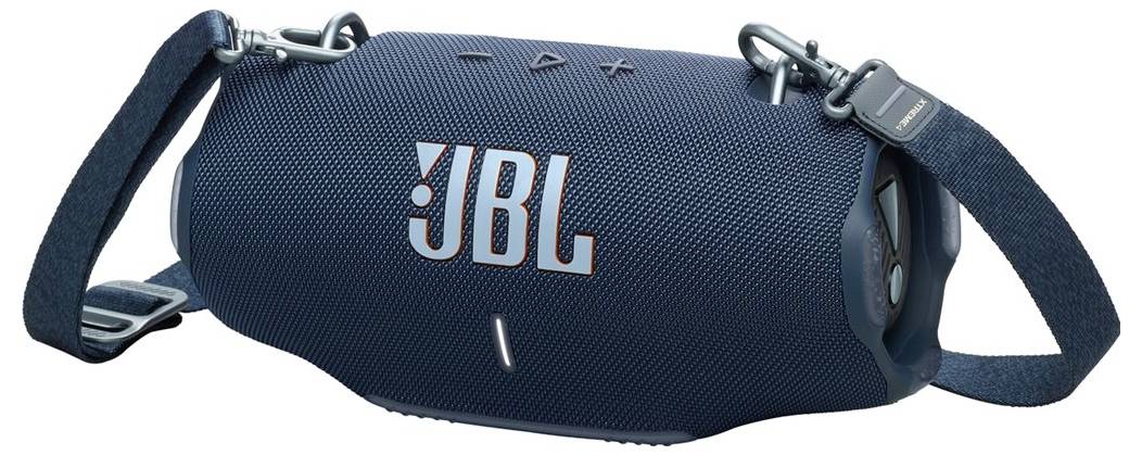 Ein tragbarer JBL-Lautsprecher in zylindrischer Form mit einem Trageriemen und Bedienungstasten auf der Oberseite, entwickelt für drahtlose Audioiederwiedergabe.