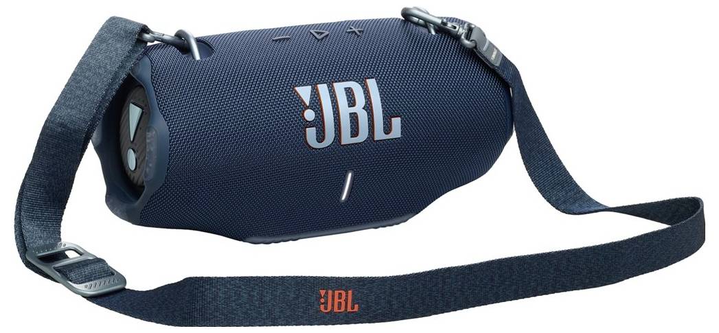 Ein tragbarer, blauer JBL-Lautsprecher mit einem Trageriemen, mit Bedienungstasten auf der Oberseite und dem in Weiß prominent dargestellten JBL-Logo.