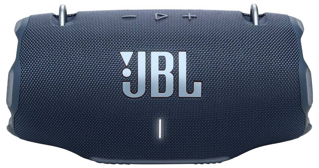 Ein blauer Bluetooth-Lautsprecher mit dem prominent auf der Vorderseite platzierten 'JBL' Logo, der Bedienungstasten auf der Oberseite aufweist.