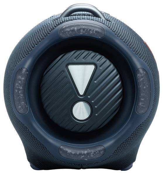 Runder tragbarer Lautsprecher mit Ausrufezeichen-Symbol in der Mitte, umgeben von strukturiertem Muster und LED-Anzeigen.