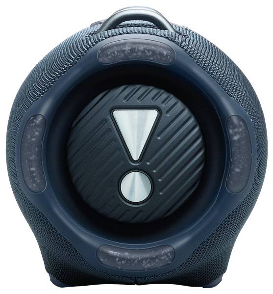 Ein dunkelblauer, runder Lautsprecher mit einem auffälligen Ausrufezeichen-Symbol in der Mitte, was eine Betonung auf Klarbewusstsein oder Bedeutung hindeutet.