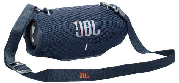 Ein blauer JBL portabler Bluetooth-Lautsprecher mit einem Gurt, mit einer zylindrischen Gestaltung und einem markanten JBL-Logo in Weiß und Orange.