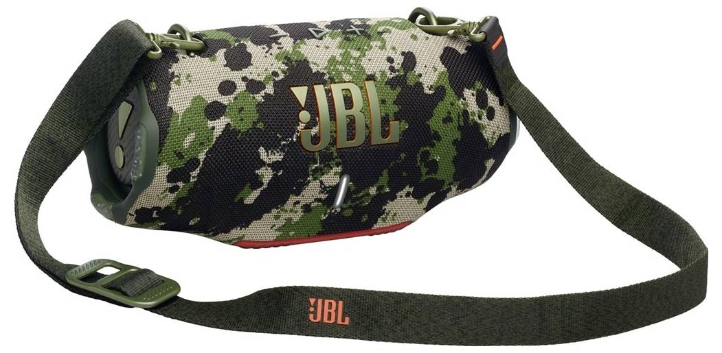 Getarnter JBL-Portabler Lautsprecher mit grünem Trageriemen, mit Lautstärke- und Steuerungstasten an der Seite.