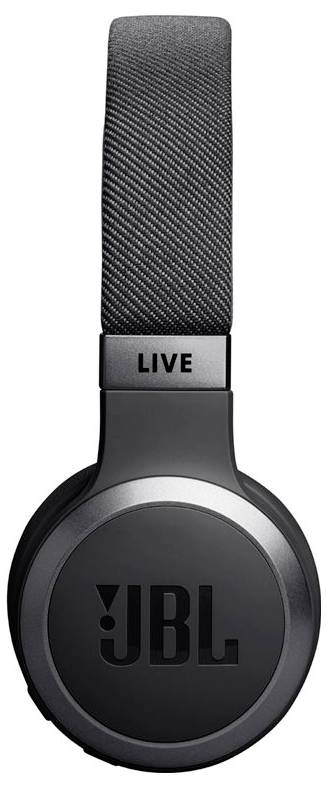 Schwarze JBL Over-Ear-Kopfhörer mit strukturiertem Kopfbügel, eine Ohrmuschel zeigt das JBL-Logo.