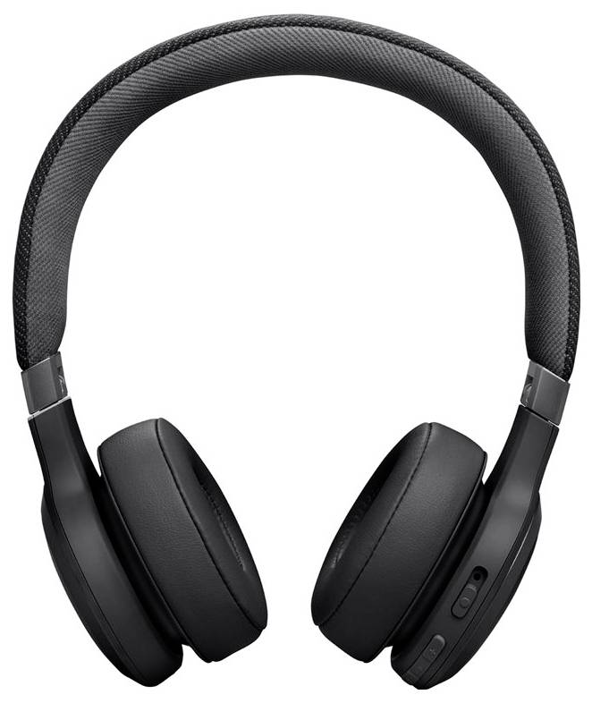 Ein Paar schwarze Over-Ear-Wireless-Kopfhörer mit gepolsterten Ohrmuscheln und Kopfbügel, mit Bedienungstasten auf der rechten Ohrmuschel.