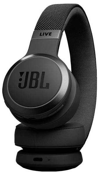 Schwarze Over-Ear-Kopfhörer mit gepolstertem Kopfbügel, mit dem 'JBL' Logo auf der Ohrmuschel.