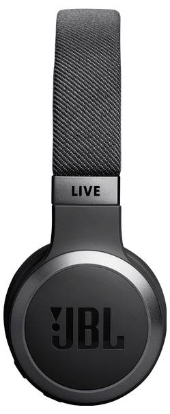 Schwarze JBL Over-Ear-Kopfhörer mit dem Schriftzug 'LIVE' auf dem Kopfbügel, der das JBL-Logo auf der Ohrmuschel hervorhebt.