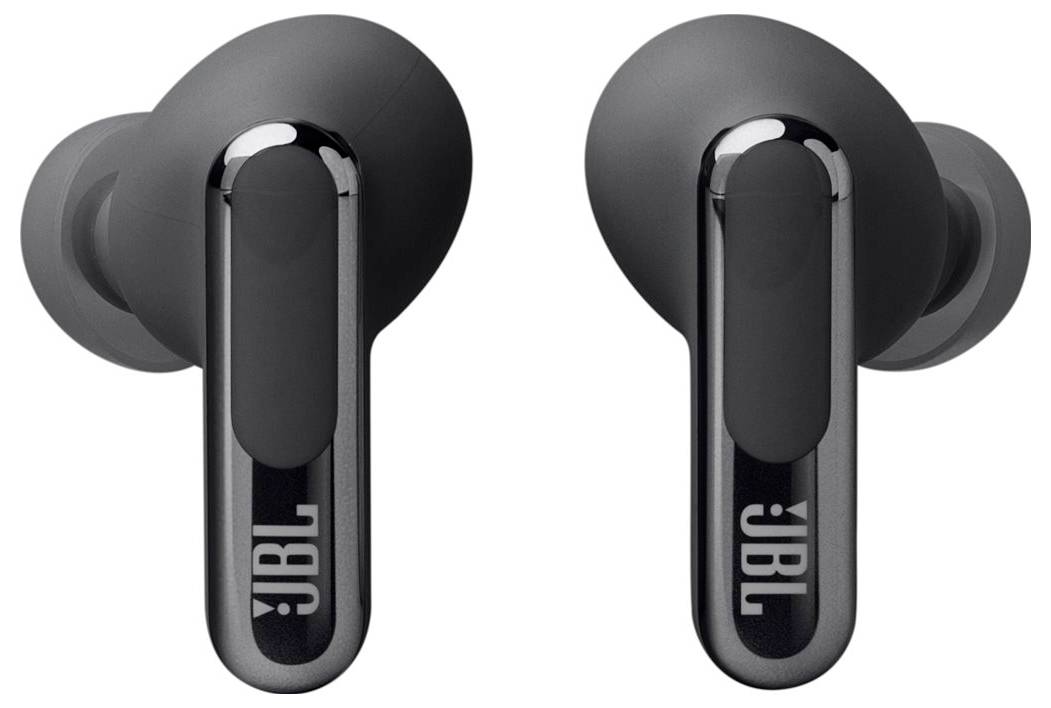 Zwei schwarze kabellose Ohrhörer mit 'JBL' Logo auf glänzenden Stangen, entwickelt für einen In-Ear-Sitz. Jeder Ohrhörer hat eine abgerundete Form mit eleganten Akzenten.