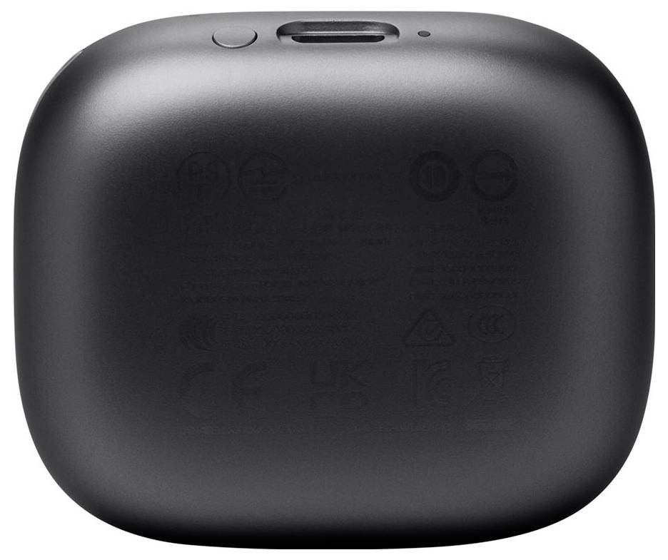 Eine schwarze kabellose Earbud-Ladehülle mit geschlossenem Deckel, mit sichtbarem Knopf und Ladeanschluss oben.