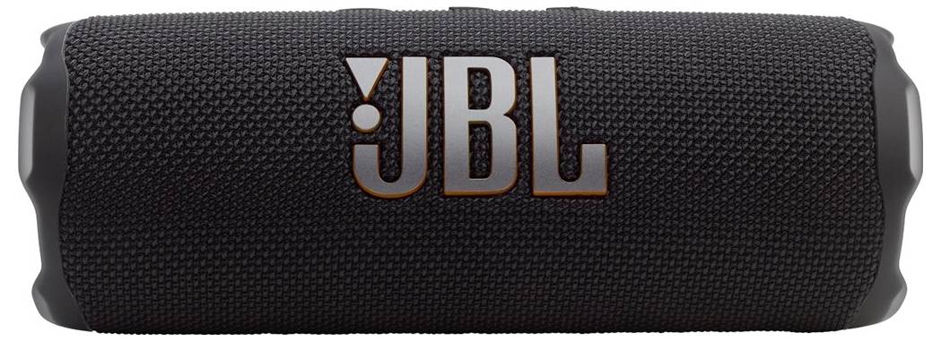 Schwarzer JBL tragbarer Bluetooth-Lautsprecher mit strukturierter Oberfläche, auf der das JBL-Logo prominent platziert ist.