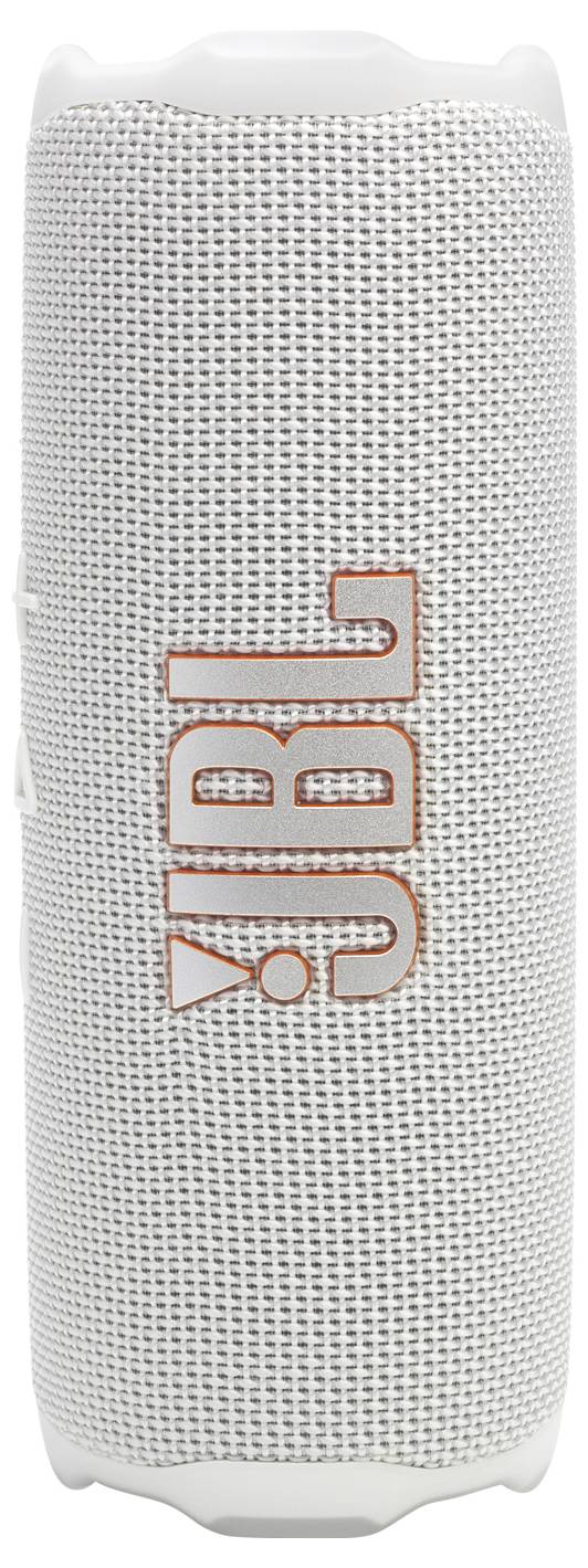 Tragbarer Bluetooth-Lautsprecher mit weißer Maschenaußenseite und orangefarbenem JBL-Logo. Verfügt über eine zylindrische Konstruktion für 360-Grad-Klang.