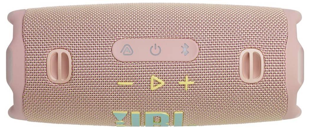 Ein rosa tragbarer Bluetooth-Lautsprecher mit Bedienungstasten für Ein/Aus, Wiedergabe/Pause und Lautstärke. Das Markenlogo ist teilweise zu sehen.