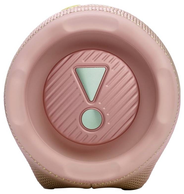 Rosa zylindrischer Gegenstand mit einem Ausrufezeichen-Symbol in der Mitte, ähnlich einem Druckknopf oder Indikator.