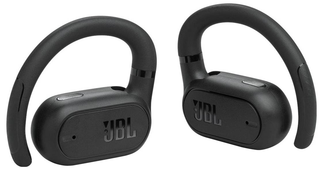Schwarze JBL-Bluetooth-Ohrhörer mit Ohrbügeln, entwickelt für einen sicheren Sitz während körperlicher Aktivitäten und mit einem schlichten, modernen Design.