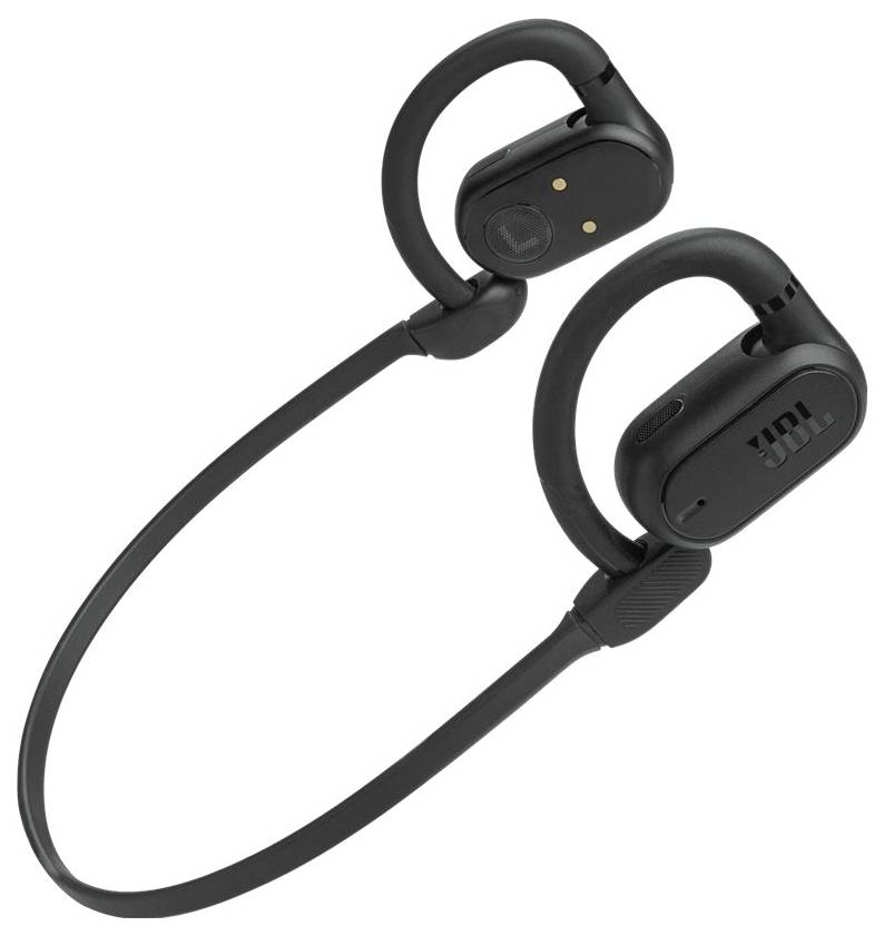 Schwarze drahtlose Bluetooth-Ohrhörer mit Ohrbügeln und verbindendem Band, entwickelt für einen sicheren Sitz während Sport- und Fitnessaktivitäten.