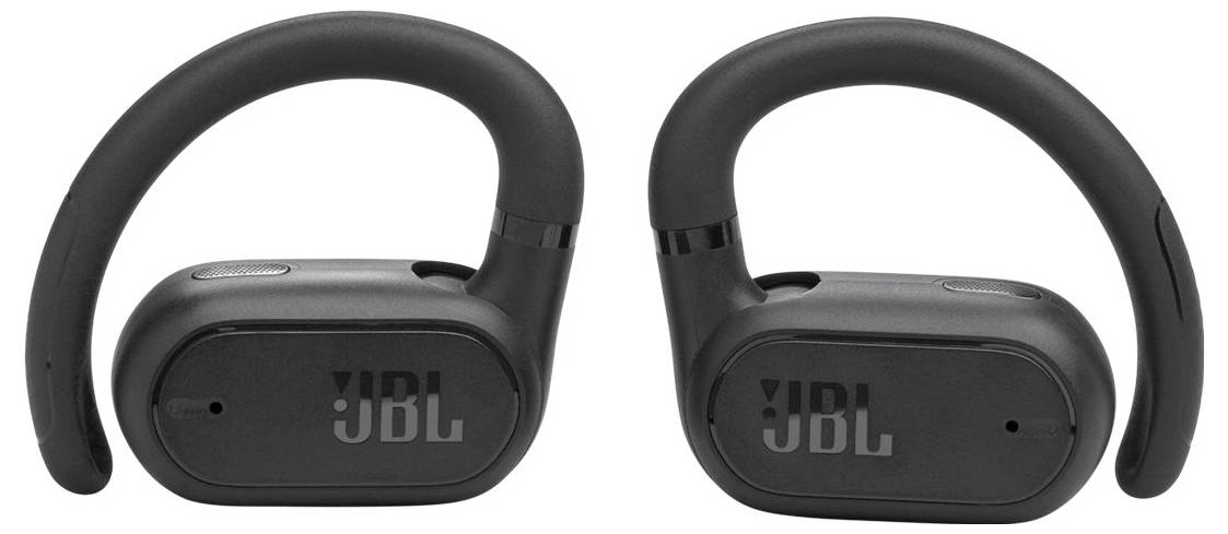 Zwei schwarze kabellose Kopfhörer mit JBL-Branding, mit Ohrbügeln für einen sicheren Sitz konzipiert.