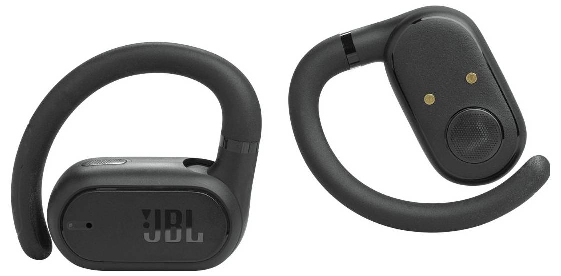 Schwarze JBL-Kabellose Ohrhörer mit Over-Ear-Haken, von vorne und hinten gezeigt. Entwickelt für einen sicheren Sitz bei Aktivitäten.