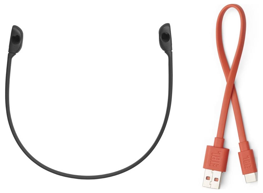 Ein schwarzes Ohrhörer-Nackenbügel und ein orangefarbenes USB-Kabel nebeneinander platziert. Der Nackenbügel ist gekrümmt, und das Kabel ist überkreuzt, um ein ‚X' zu bilden.