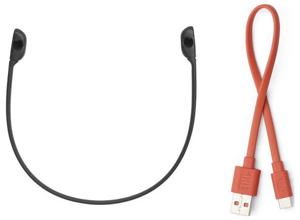 Ein schwarzes Ladekabel, das zu einem Kreis geschlungen ist, und ein orangefarbenes USB-Kabel mit USB-Anschlüssen an beiden Enden, nebeneinander platziert.