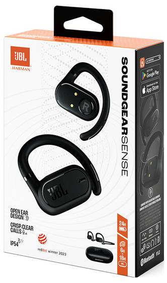 JBL Soundgear Sense Schwarz-Kopfhörer in Verpackung, die das offene Ohrhörer-Design, kristallklare Gesprächsqualität, 24-Stunden-Akkulaufzeit, IP54-Schutzklasse und App-Kompatibilität präsentieren.